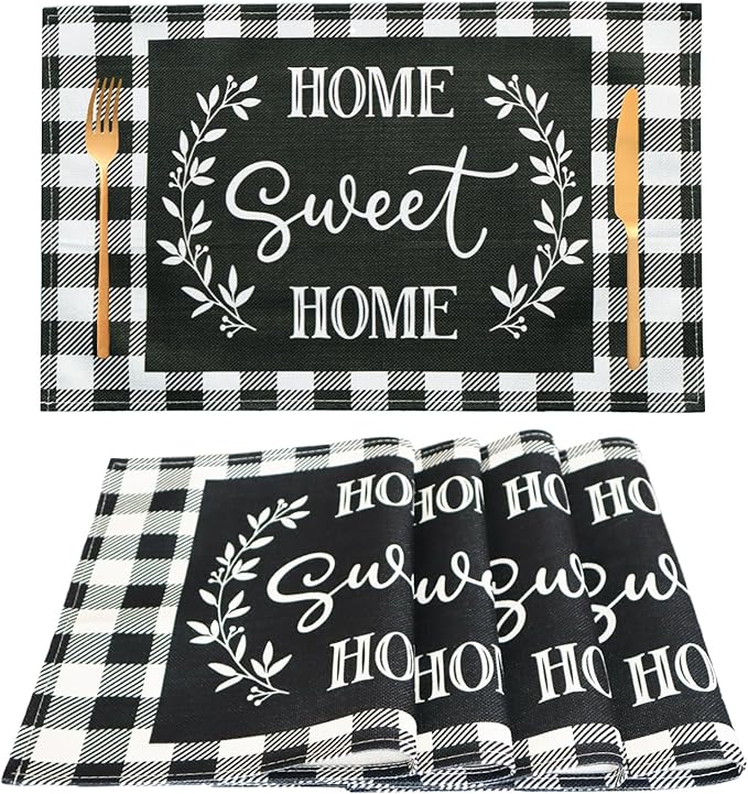 Buffalo Plaid Placemats Set of 4, Cloth Farmhouse Black White Linen Place Mats - Washable Heat Resistant Waterproof Table Mats for Ktichen Dining Table 18 X 12 Inch, Plaid