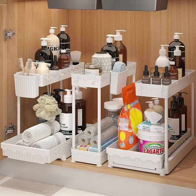 Sevenblue 3 Pack Multi-Purpose Under Sink Organizers and Storage, 2026 L-Shaped Pull Out Cabinet Organizer for Bathroom & Kitchen, Under Cabinet Organizer with Hooks Hanging Cup (White, 14.85 inch)