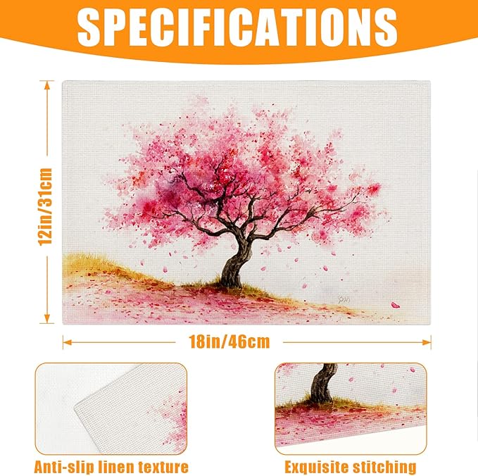 Cherry Blossom Flower Tree Placemats Set of 6,12 x 18 Inch Table Mats Washable Heat Resistant Linen Fabric Rectangle Place Mat for Party Home Kitchen Dining