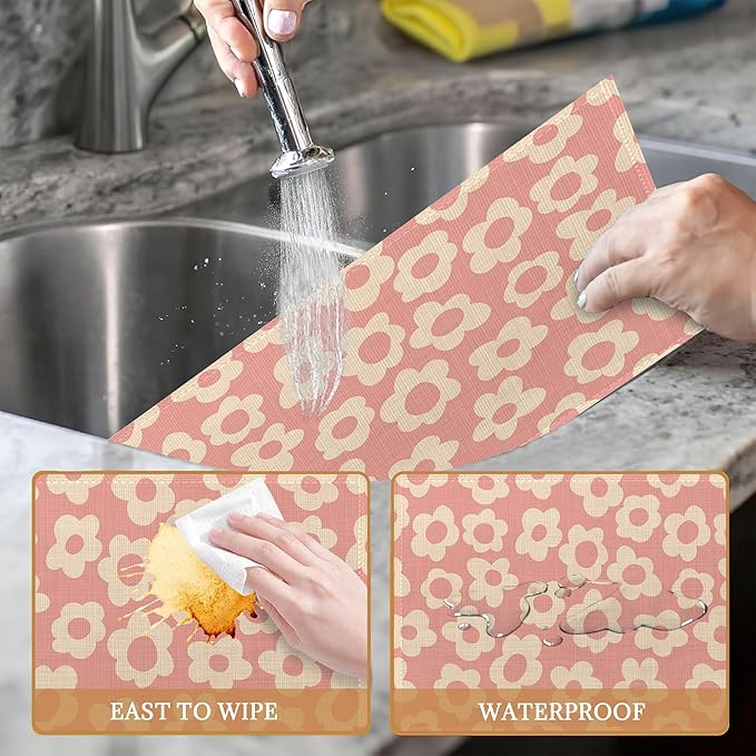 Placemats Set of 6,Groovy Retro Aesthetic Flower Pink Linen Place Mats,Modern Washable Table Placemats 12"x18" Heat Resistant Table Mats for Dining Kitchen Party Holiday Decoration