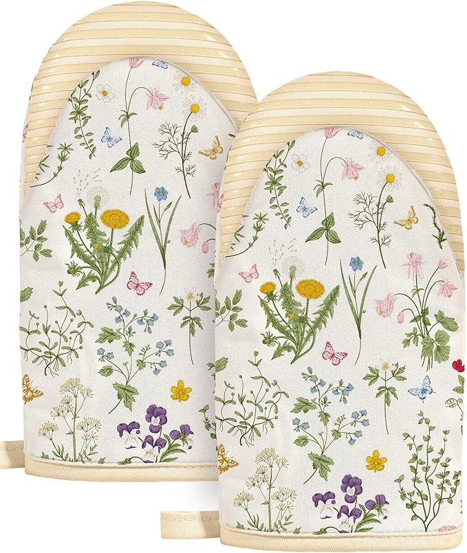 Slohif Mini Oven Mitts Set – Extended Short Heat Resistant Kitchen Gloves for Women, 100% Cotton Oven Mitts with Silicone Grips, Non-Slip and Thick Durable for Cooking & Baking，White
