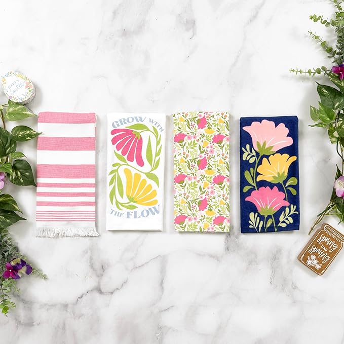 Ritz 100% Cotton Kitchen Towels, Floral Tulips Spring – 16"x26" – Absorbent Dish Towels for Drying & Cleaning – Soft & Durable (Set of 4)