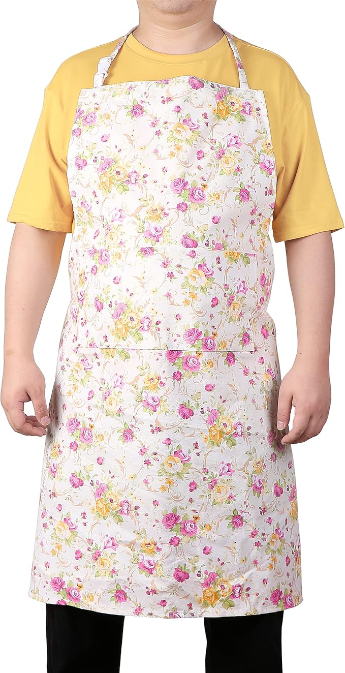 Sanlykate Extra Large Canvas Cotton Apron for Men & Women, Plus Size Durable Aprons with 2 Pockets, Adjustable Bib Machine Washable Oversized Aprons for Baking, Cooking, Painting - Pink Rose