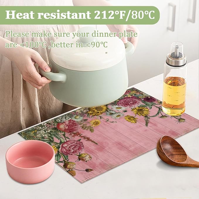 Vintage Wildflower Pink Wooden Placemats Set of 6, Washable Heat Resistant Table Mat Linen Place Mats for Party Kitchen Dining Home Decor 12x18 Inch