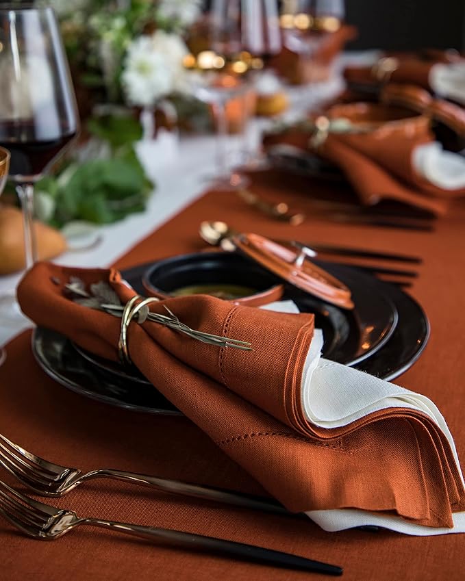 Solino Home Linen Placemats Set of 4 - Classic Hemstitch Cinnamon Placemats 14 x 19 Inch - 100% Pure Linen Table Mats for Mothers Day