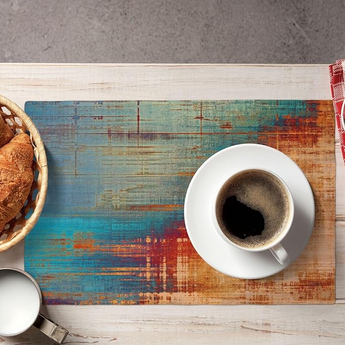 Blue and Orange Vintage Abstract Placemats Set of 4 Messy Rust Painting Linen Washable Placemat Modern Grunge Art Kitchen Dining Heat-Resistant Place Mats Desktop Decor Table Mats 12x18 Inch