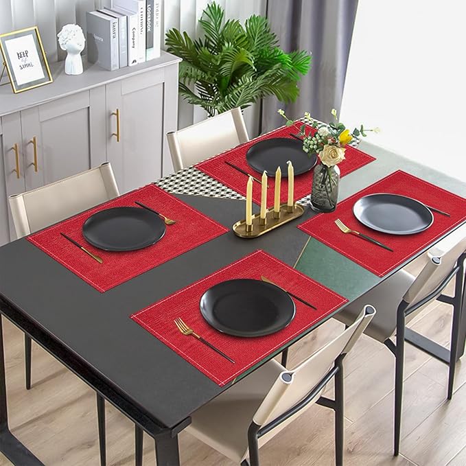 Niviy Christmas Placemats Set of 4, 12x18 Inch Rectangular Placemats for Kitchen Table, Red Placemats for Holiday Party Kitchen Dining Room Decoration