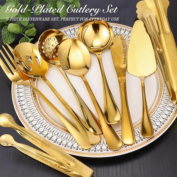 Mwellewm 14Pc Serving Utensils,Gold Stainless Steel Serving Spoons for Buffet,Fork,Tongs,Slotted Spoon,Cake Pie Server,Soup Spoon,Metal Silverware Banquet Cutlery Set for Parties Entertaining Catering