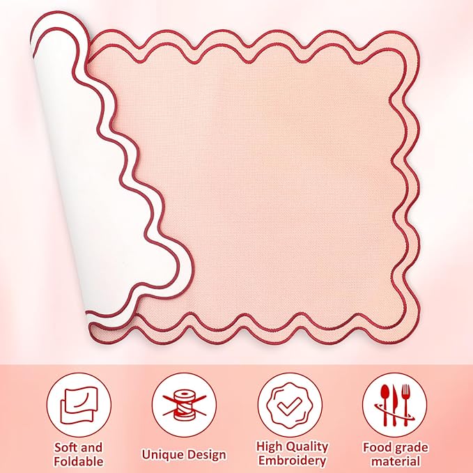 Whaline Vintage Red Pink Linen Placemats Embroidered Scalloped Kitchen Place Mats for Birthday Party Home Dining Table Decor, Set of 6, 13 x 19 in