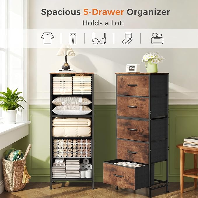 DUMOS Nightstand with 5 Drawers Bedside Table with Removable Fabric Bins Sturdy Steel Frame Wood Top Organizer Furniture for Bedroom Nursery Closet Living Room, Brown