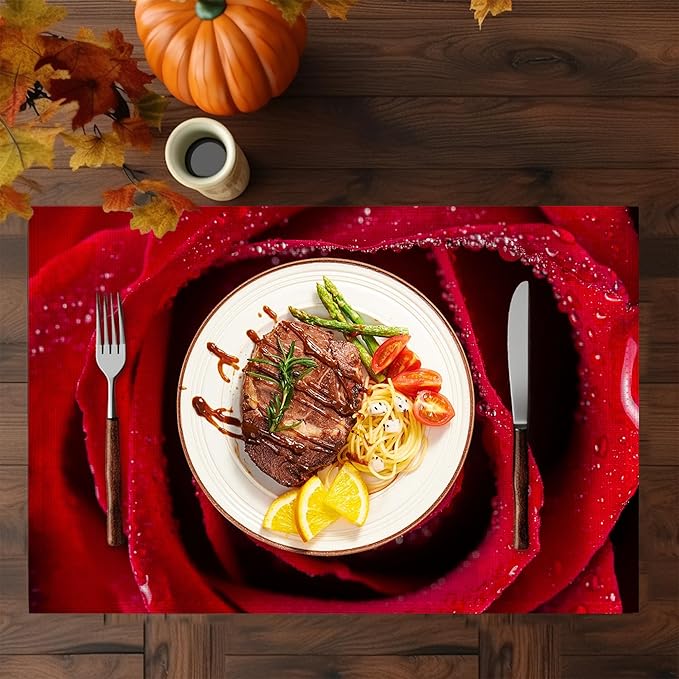 Red Rose Placemats Set of 6,Washable Heat Resistant 12×18 Inch Linen Table Mats Magic Place Mats for Party Outdoor Dining Décor