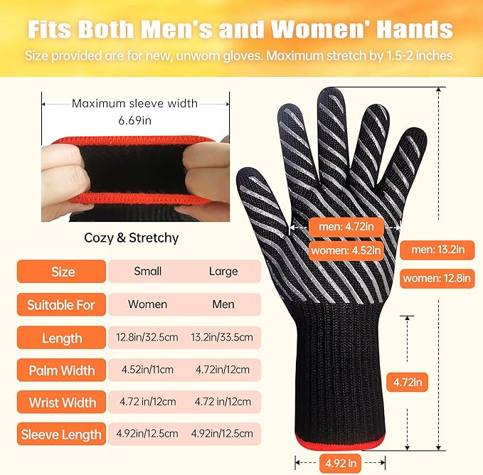 HandLove Aramid Heat Resistant BBQ Gloves – Grilling & Oven Gloves with Fingers, Silicone Grip & Long Cuffs for Cooking, Baking, and Outdoor Barbecue – Black,L
