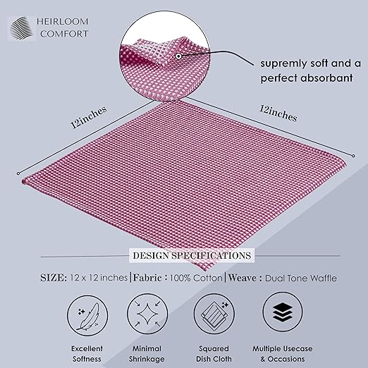 Dual Tone Waffle Weave Dish Cloth, 12 Pack, 100% Cotton, 12"x12", Super Absorbent, Fast Drying Reversible Dishcloth Set, Washcloth, Dish Rags, Soft for Cleaning, Durable, Burgundy