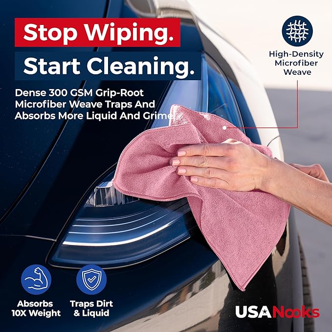 USANOOKS Microfiber Cleaning Cloth Light Pink - 100 Pcs 12.5"x12.5" - High Performance - 1200 Washes, Ultra Absorbent Towels Weave Grime & Liquid for Streak-Free Mirror Shine - Car Washing Cloth