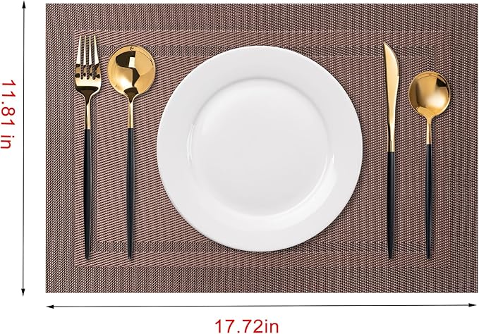 CADONO Placemats Set of 4 Washable Indoor/Outdoor Vinyl Place Mats for Dining Table Durable Non-Slip Heat Resistant PVC Weave Table Mats（Simple Style-Coffee-Colored）