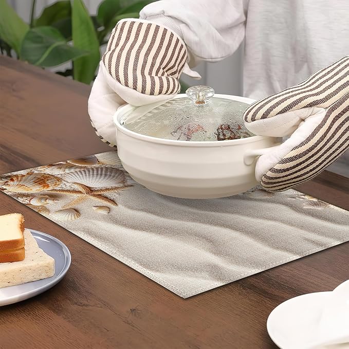 White Sand Placemats Set of 6,Starfish Seashells Waterproof Non-Slip Washable Table Mats for Kitchen Dining Holiday Party Wedding Decor 12x18 Inch