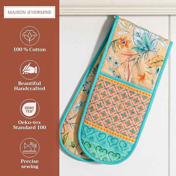 Maison d' Hermine Double Oven Mitts 100% Cotton 7"x35" Double Oven Mitt Heat Resistant BBQ Cooking Gloves with Loop Baking Grilling Gifts for Mothers Day Spring Summer (Luxury Loft - Peach)