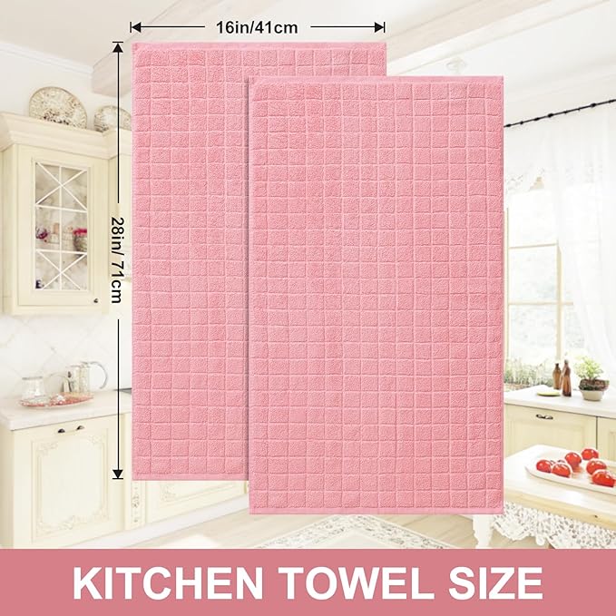 Homaxy Premium Cotton Kitchen Towels 16"x 28", Large Natural Ring Spun 390 GSM Dish Towels, Super Absorbent Terry Kitchen Hand Towels, Soft Tea Towels with Hanging Loop, Pure Pink Design, 6 Pack