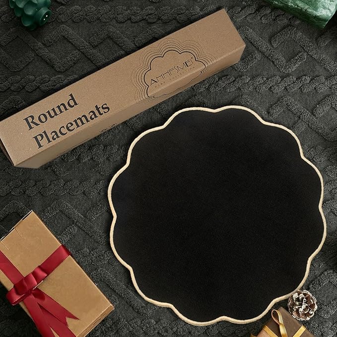 AHHFSMEI Round Faux Linen Placemats Set of 6 Heat Resistant Non-Slip Stain Proof Table Mats for Kitchen Dining Elegant Decor Place Mats (6, Black)