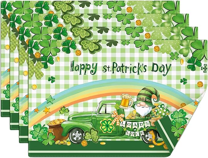 comfoyar St. Patrick's Day Placemats Set of 4, 12x18 Inch Non-Slip Linen Shamrock Lucky Clover Place Mats, Washable Absorbent Gnome Truck Coins Table Mats for Kitchen Dining Party Table Decoration