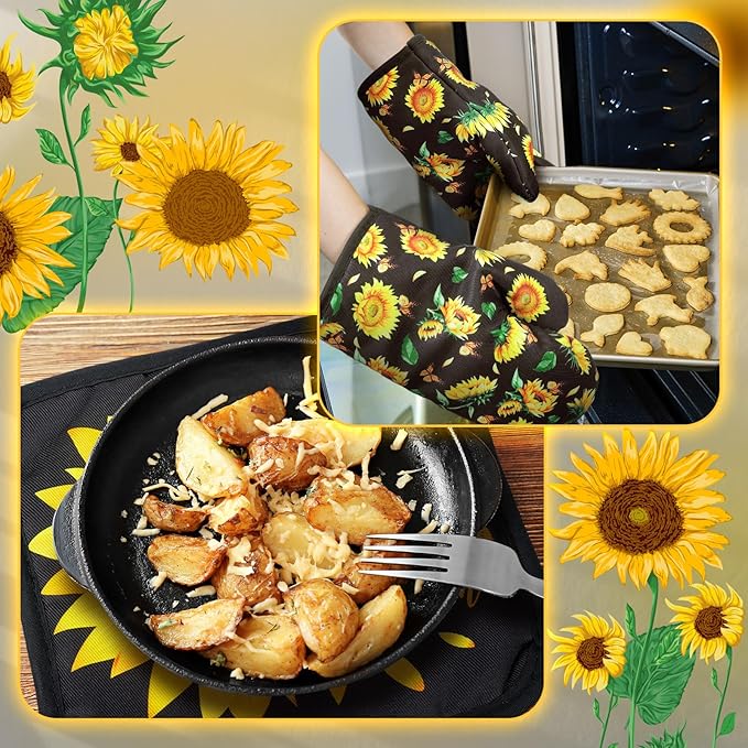 Bencailor 6 Pcs Spring Kitchen Decor Sunflower Pot Holders and Oven Mitts Sets Yellow Kitchen Towel 2 Farmhouse Cooking Mittens for Cooking Grilling Supply Accessories(Black,Sunflower)