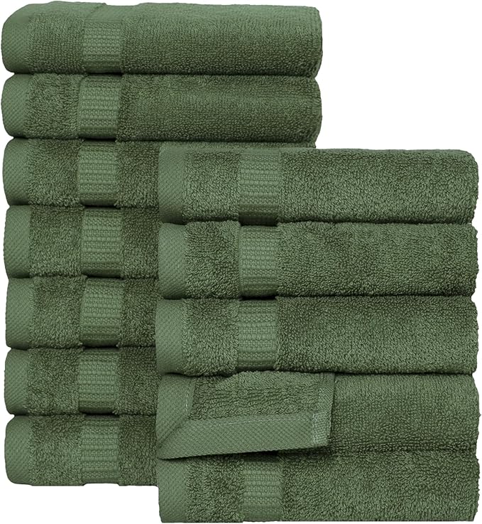 SALBAKOS 100% Turkish Cotton Washcloth Set of 12 13x13 inch | Heirloom Quality | Hotel & Spa Collection | Ultra Soft, Super Absorbent, Washcloth Towels | Made in Turkey (Green, 12 Washcloths)