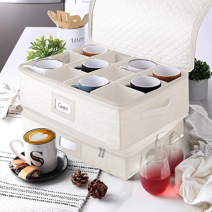 Hearth & Harbor Coffee Mug Storage, Quilted and Stackable Coffee Cup Storage Organizer for Service of 12, Mug Storage Box with Dividers, China Containers Hard Shell for Moving and Organization, Cream