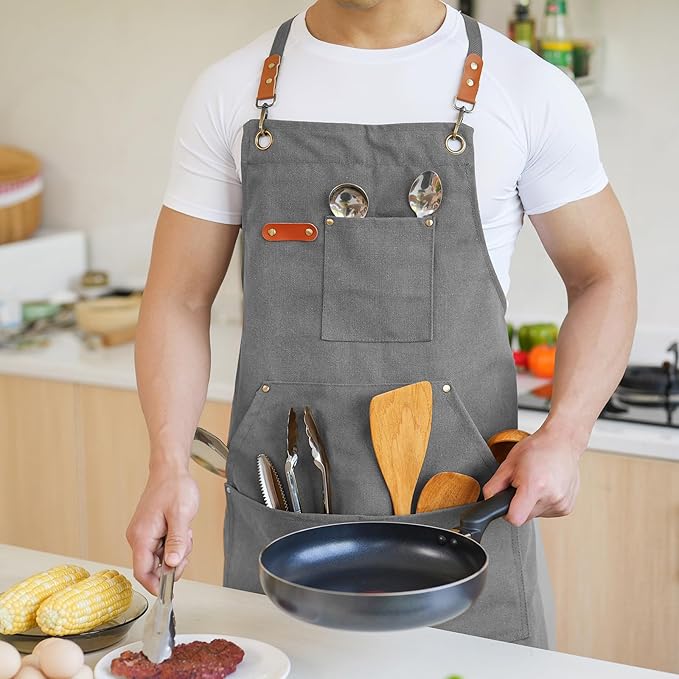 Aoomzoon Canvas Aprons for Men Chef Apron, Work Apron with Large Pockets - 16oz Heavy Duty Cross Back, BBQ, Cooking