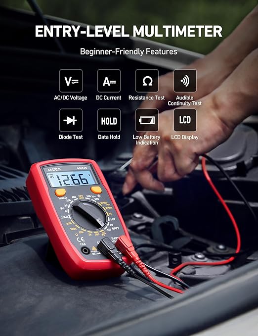 AstroAI Digital Multimeter Tester 2000 Counts with DC AC Voltmeter and Ohm Volt Amp Meter; Measures Voltage, Current, Resistance, Continuity and Diode, Black