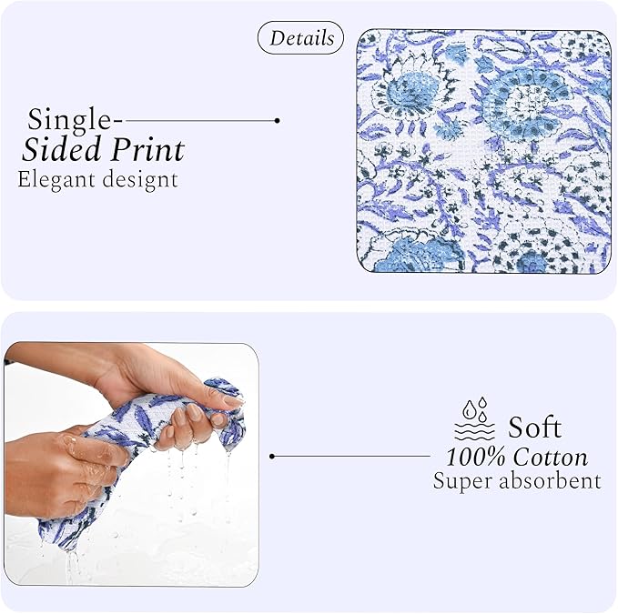 CPC Indigo Blue Hand Block Printed Cotton Waffle Dish Cloth Set of 6-12x12 Inch Super Absorbent, Soft, Reusable Kitchen Towels for Dish Drying & Cleaning Ideal for Spring, Mother's Day
