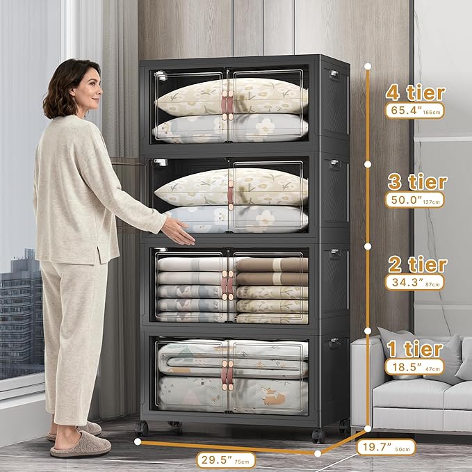 UAMFURI Stackable Storage Bins with Lids, 1400QT Closet Organizers and Storage with Doors and Wheels, Extra Large Storage Cabinet, Collapsible Plastic Drawers for Bedroom Kitchen Office Garage