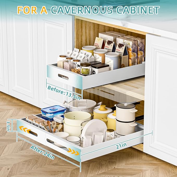HBL' 1 Pack | 21" Deep Pull Out Cabinet Organizer Adhesive, (13.8" to 22.0") Width Expandable Sturdy Carbon Steel Roll-Out Drawers, Designed for Frameless Cabinets, Slide-Out Shelves for Pantry.