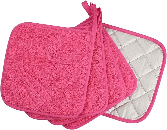 100% Cotton Kitchen Everyday Basic Terry Pot Holder Heat Resistant Coaster Potholder for Cooking and Baking Set of 5 (Dark Pink)