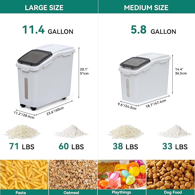 YITAHOME 65L/117lbs Large Ingredient Storage Bins, Commercial 11.4+5.8 Gal Rice Flour Storage Container, Organizer Storage Bin with Measuring Cup, Scoop and Wheels for Kitchen, White & Black Lid