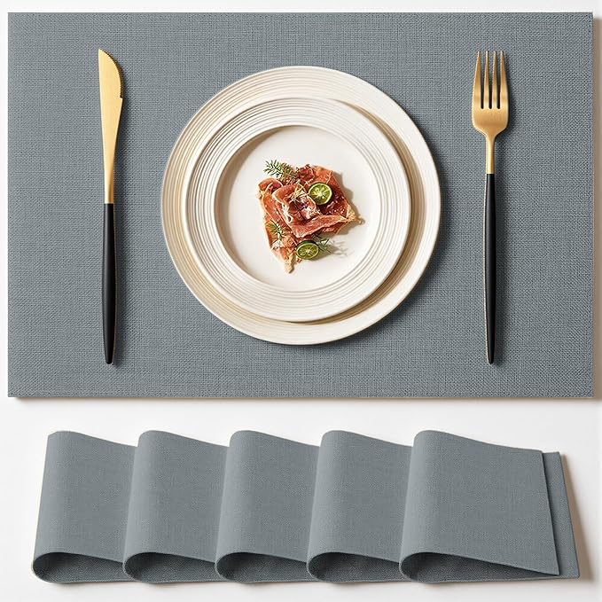 Placemats Set of 6 Linen Type Fabric Cloth Placemats, 18x12 Inch Double Layered Thick Wrinkle Free Heat Resistant Table Place, for Dining, Kitchen, Party (45 * 30cm, Gray)