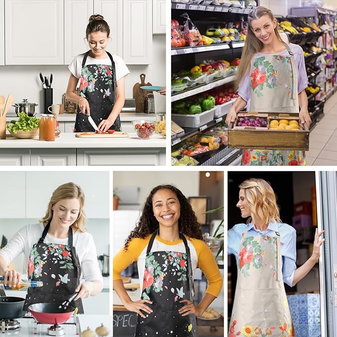 Apron for Women with Pockets, 2 Pcs Waterproof Floral Apron with Adjustable Neck Strap for Cooking, Baking, Gardening, Crafts