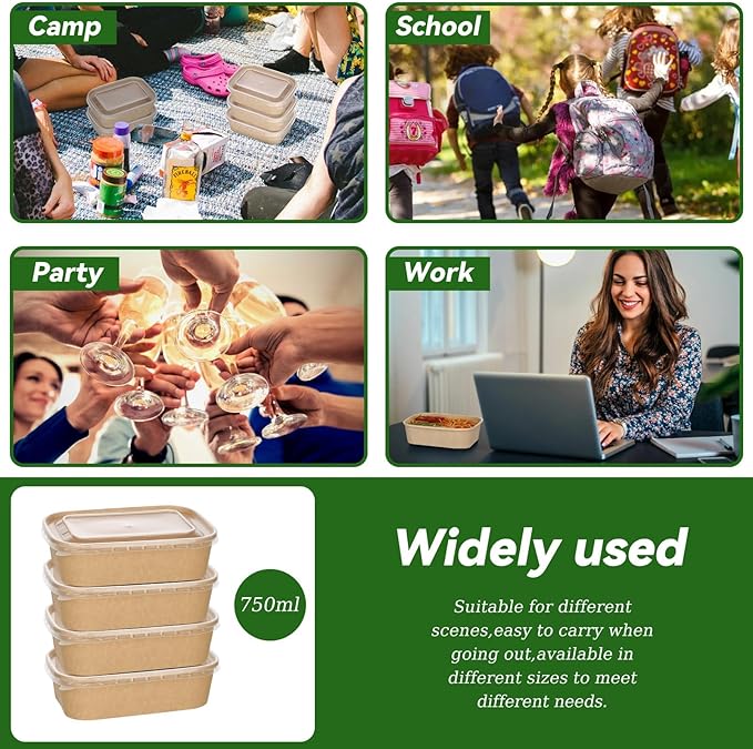 DI QIU REN 50-Pack 25oz Paper Bowls, Disposable Food Containers with Lids and Forks, Cardboard Meal Prep Containers for Diet Salad, Pasta (kraft Paper Rectangular, 25oz 50 Count)