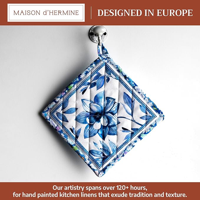 Maison d' Hermine Pot Holders 100% Cotton Heat Resistant Potholders 8" x 8" Hot Pads with Loop BBQ Cooking Baking Gifts for Mothers Day Handling Hot Pans Spring/Summer (Pack of 1, Summer Blues)