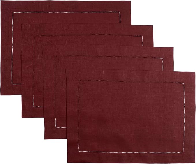 D'Moksha Homes Linen Placemats Set of 4 - Classic Hemstitch Dark Red Placemats 14 x 19 Inch - 100% Pure Linen Table Mats for Mothers Day, Spring - Handcrafted and Machine Washable