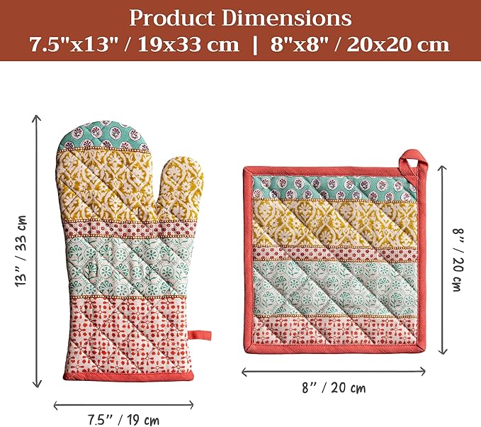 Maison d' Hermine 100% Cotton Oven Mitt & Pot Holder Set (7.5"x13" & 8"x8") Heat Resistant BBQ Cooking Gloves with Loop Baking Grilling Kitchen Gifts for Mothers Day Spring/Summer (Provence)