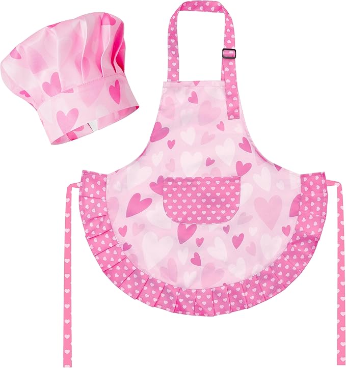 R HORSE Kid Apron and Chef Hat Set - 2Pcs Pink Heart Toddler Cooking Apron Set for Girls, Adjustable Role Play Costume Pretend Play Toy for Cooking Baking Painting Birthday Gift for Kids Ages 3-6