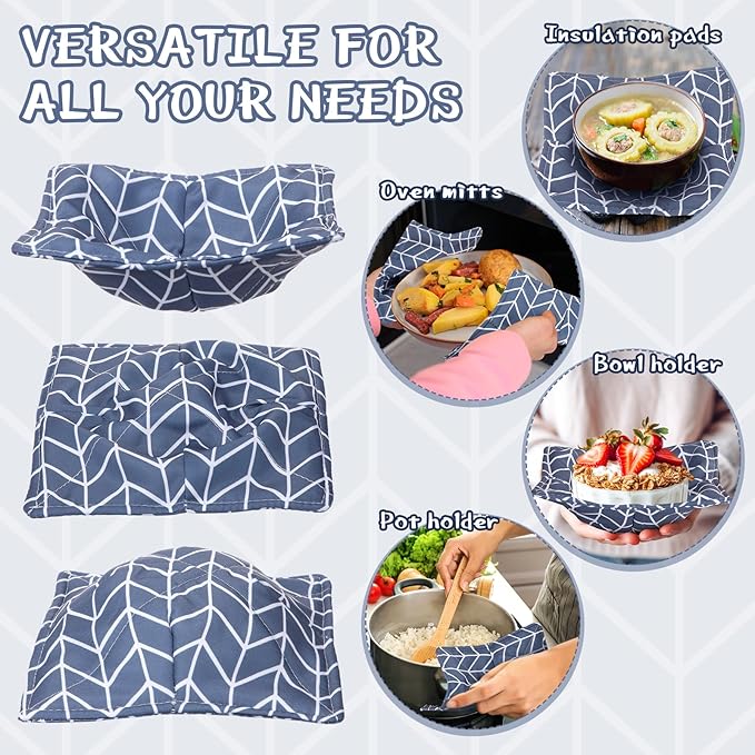 Cunhill 4 Pcs Cotton Microwave Bowl Cozy Holders for Hot Food Hot Pads Soup Bowl Potholders Heat Resistant Multipurpose Quilted Safe Holders for Kitchen Plate Supply(Dark Gray,Striped)