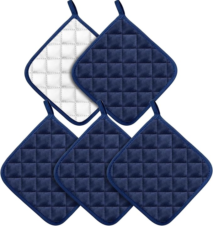 5 Pack Pot Holders for Kitchen Heavy Duty Hot Pads, Hot Pads for Kitchen,8 Inch Square Potholders for Cooking, Baking & Grilling (Blue)