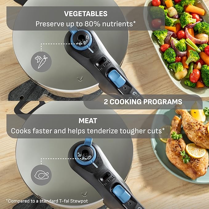 T-Fal Secure Trendy Stainless Steel Pressure Cooker, 8.5 Quart, Steam Basket, Induction, Secure Locking System, Easy and Safe Opening, Compatible with All Cooktops, Dishwasher Safe, Silver