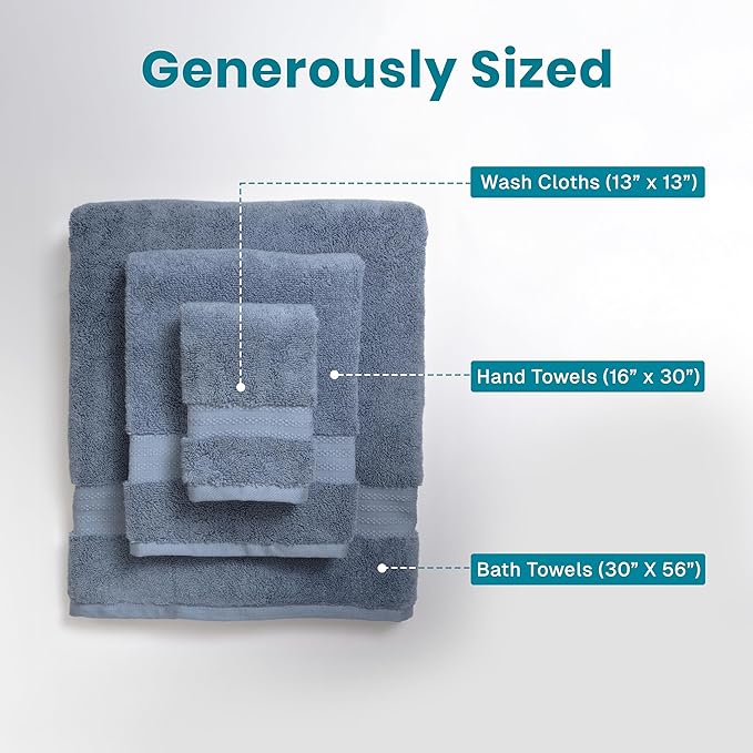 100% Organic Cotton Bath Towel Set | Bathroom Luxury Towel Set of 6 | GOTS Certified | Hotel Premium Towels | 700 GSM | 2 Bath Towel 30 x 56 | 2 Hand Towel 16 x 30 | 2 Wash Cloth 13 x 13 | Dark Blue