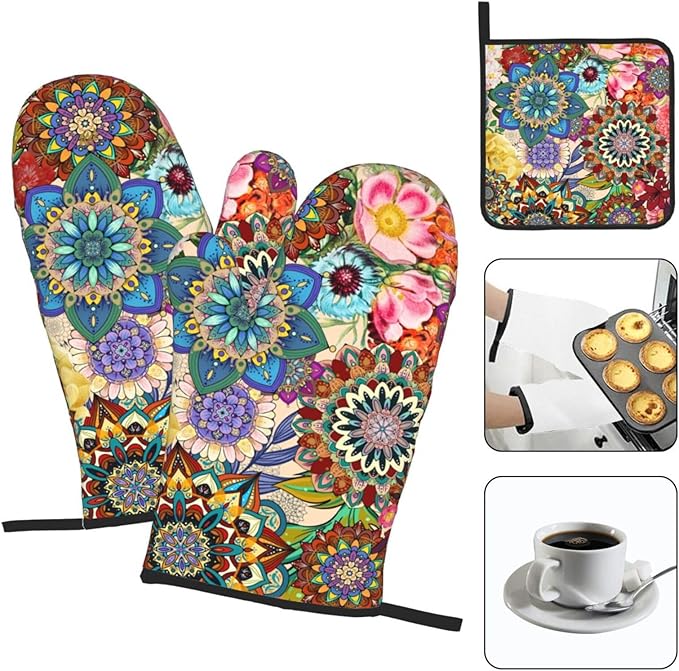 Boho Floral Oven Mitts and Pot Holders Sets, Heat Resistant Colorful Kitchen Gloves Hot Pads, Cute Baker Stuff, Chef Cooking Baking Gifts for Women Bakers, Kitchen Gifts for Cooking Lover Cooks Mom