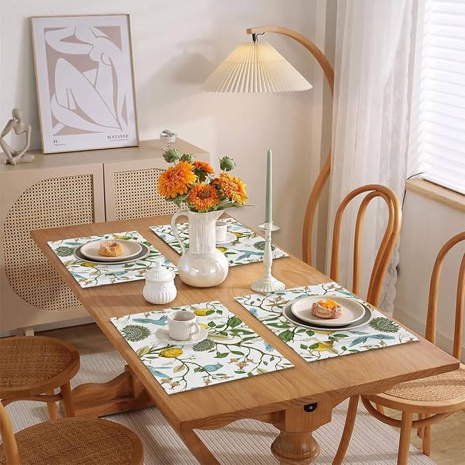 Lemon Tree Blue Bird Flower Placemats Set of 4 Seasonal Washable Linen Cotton Table Mats for Party Kitchen Dining Decoration 12x18 Inch