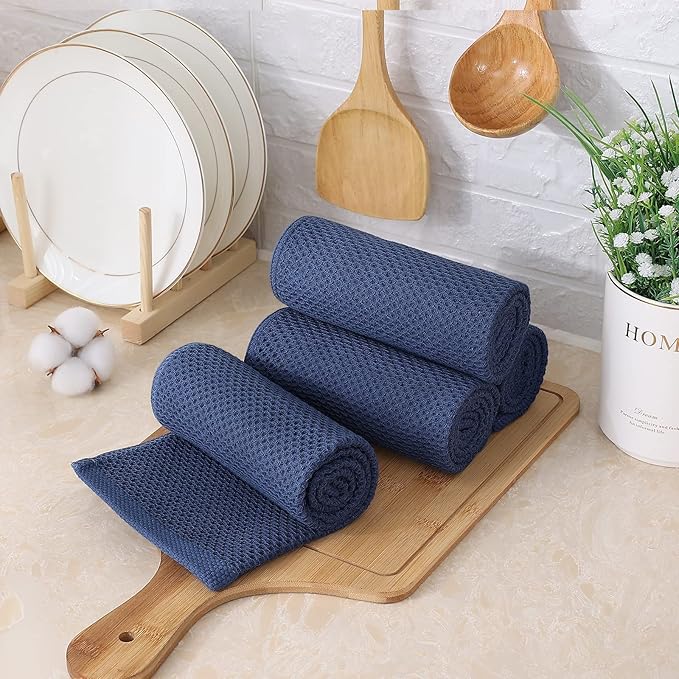 Kitinjoy 100% Cotton Waffle Weave Kitchen Hand Towels (13 X 28 Inches, Navy Blue), 6-Pack Super Soft and Absorbent Dish Towel for Drying Dishes