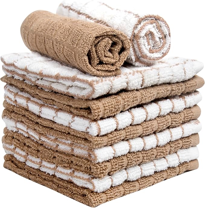 Bumble Dish Cloths (8 Pack) | 12" x 12" | 100% Cotton Kitchen Towels | 405 GSM | Soft, Highly Absorbent & Durable Dish Towels for Kitchen | Tan