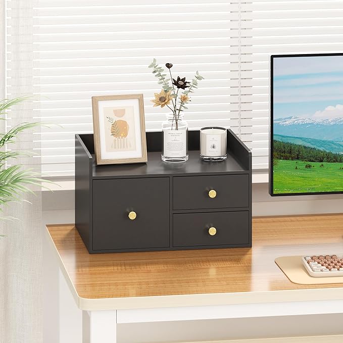 Bamboo Desk Organizer with Drawers Wooden Desktop Storage Drawers for Bills Office Supplies Kitchen Utensils Organizing Tool for Home Classroom Organization No Assembly (Black, 3 Drawer)